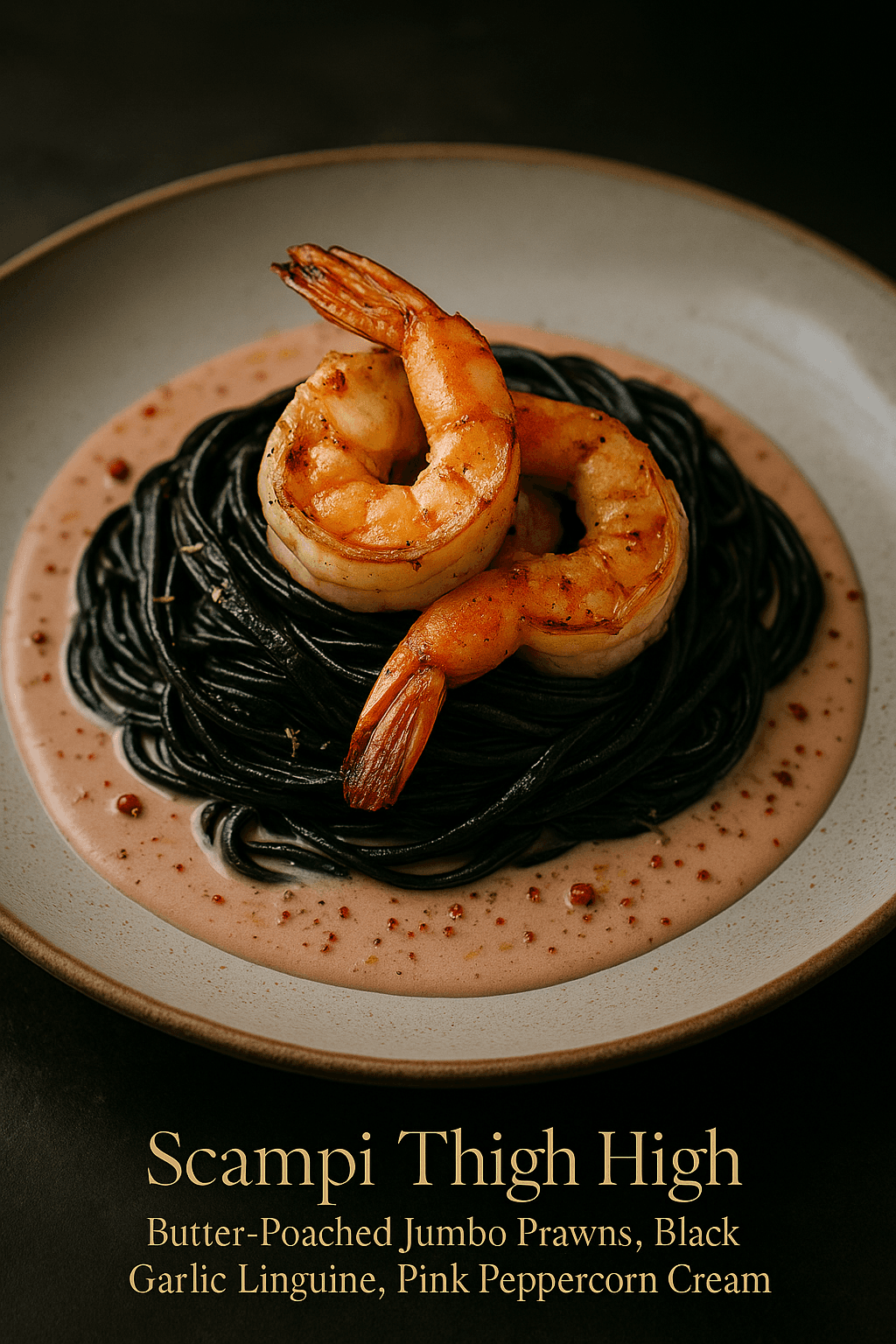 Scampi Thigh High - Butter-poached jumbo prawns with black garlic linguine